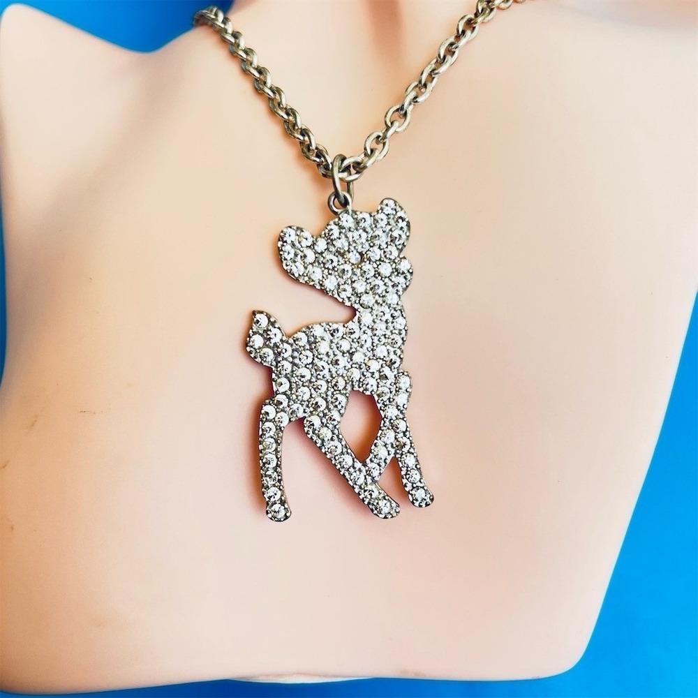 Disney Couture Necklace Silver Bambi Deer Pendant Clear Crystal Pavé